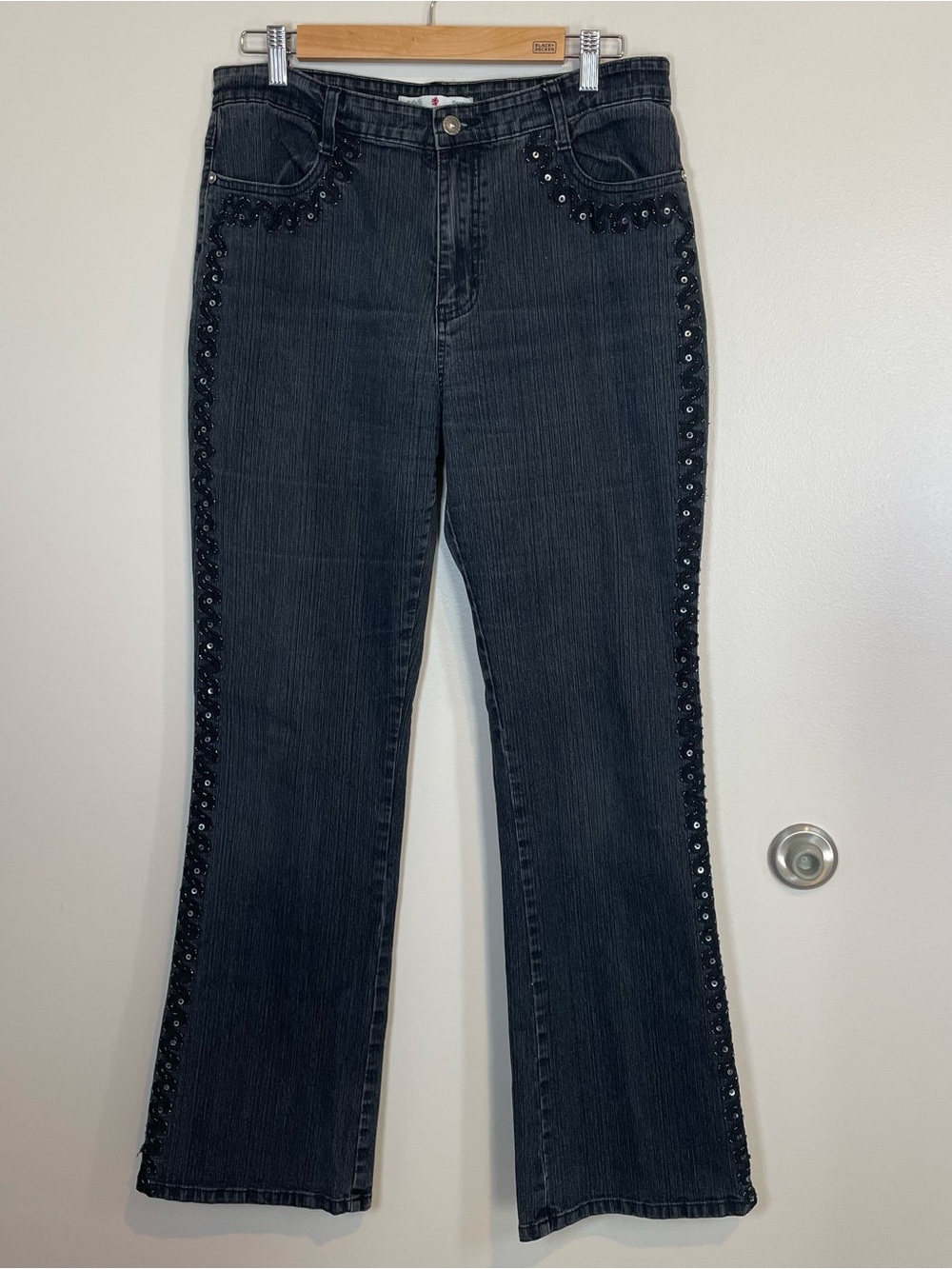 Black Beaded Embroidered Size 14 Straight Leg High Rise Denim Jeans